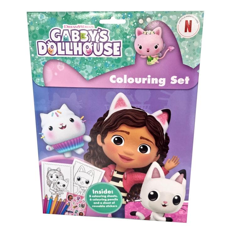 Gabby's Dollhouse värityssetti, sis. 8 väritettävää lehteä, 6 värikynää, 1 sivu tarroja